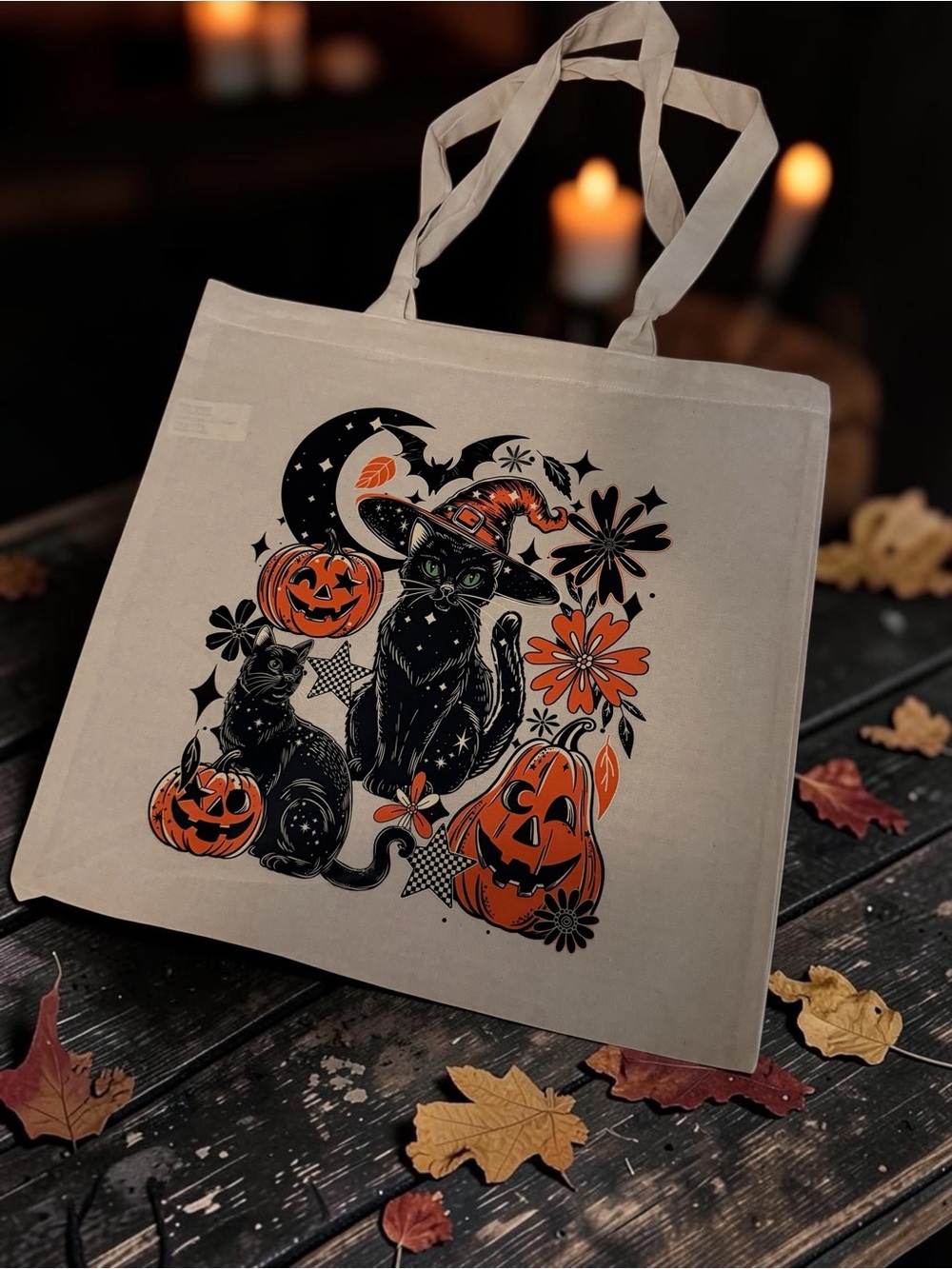 Halloween Black Cat & Pumpkin Canvas Tote Bag - Cream